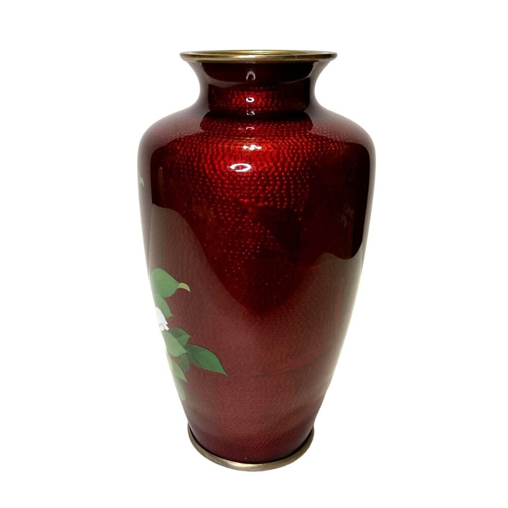 Vtg Signed Sato Red Pigeon Blood Japanese Cloisonne Silver Vase 7.25" Tall - Picture 5 of 8